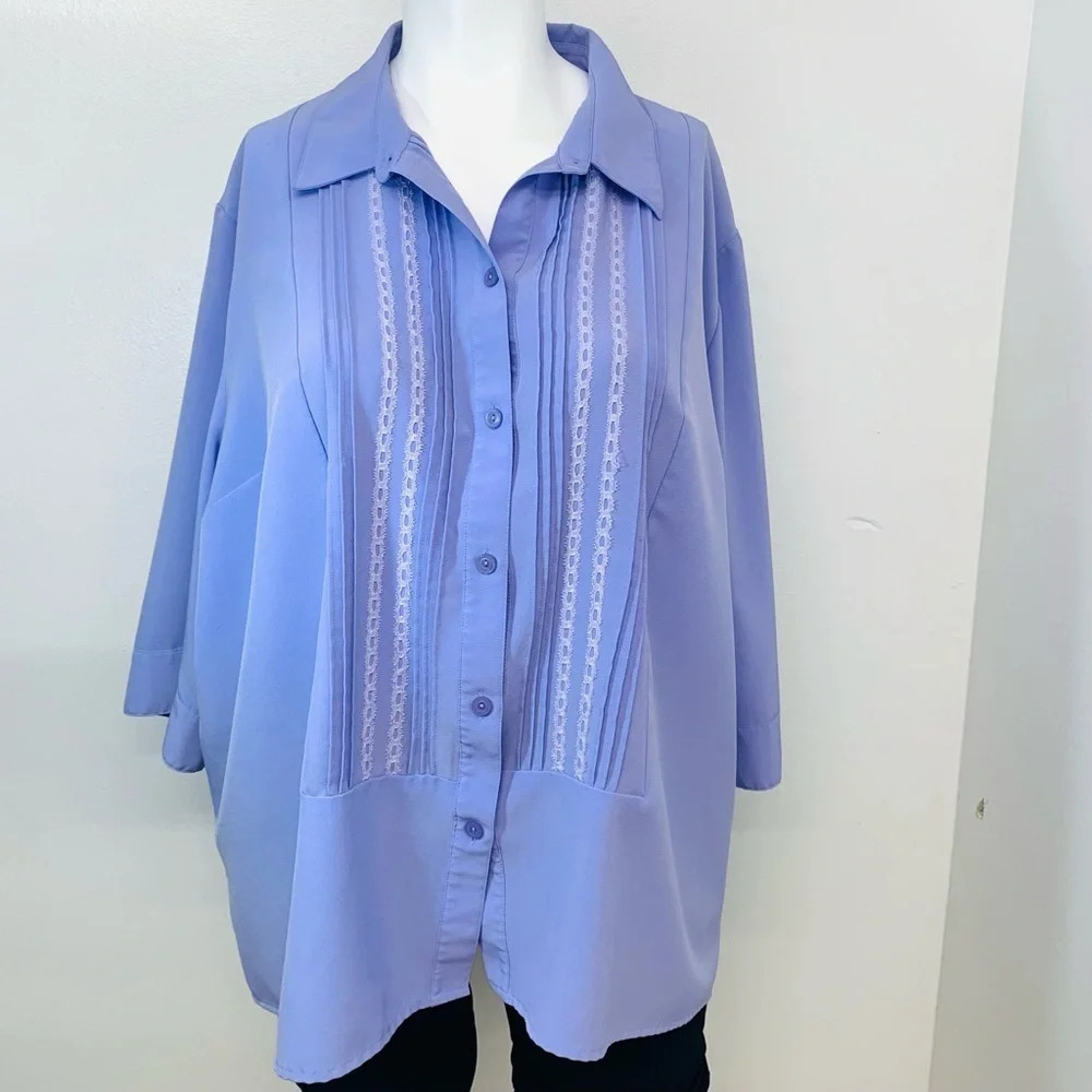 Maggie Barnes Blouse Top Woman 4X Button Front Half Sleeve Purple Pleats Lace